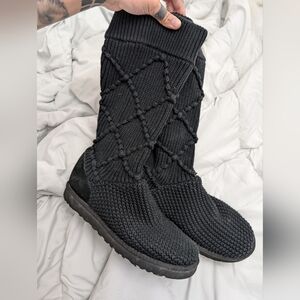 Rare Ugg Womens Classic Black Knit Boot Argyle Size 11 Lattice Criss Cross